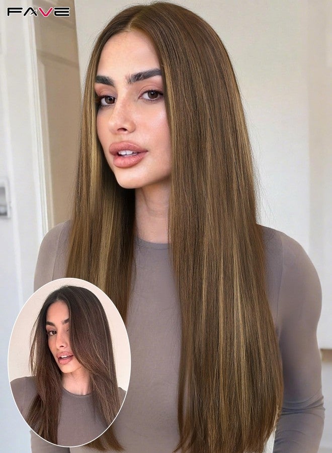 FAVE 13x4 Synthetic Lace Front Wig 26 Inch Honey Blonde Wig Highlight Pre-Plucked Hairline HD Lace Glueless Wigs for Women Natural Looking Straight Wig for Daily Part Free - Image 4